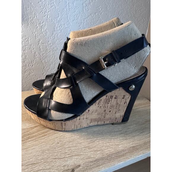 Guess Black Strappy Cork Wedge Sandals Women's Size 8M - Picture 1 of 8